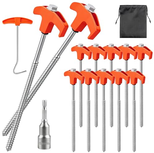 12 Piezas Piquetas para Tienda de Campaña, Piquetas Camping Suelo Duro, Clavijas Tienda de Acero, Estacas Camping Atornillables, con Broca, Sacaclavos, Bolsa, para Praderas, Playa, Suelo Rocoso