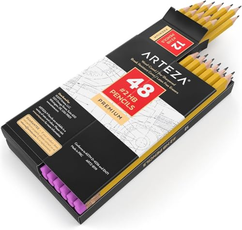 ARTEZA 2 HB Wood Cased Graphite Pencils with Rubbers, Bulk Pack of 48, Pre-Sharpened with Latex Free Rubbers, for School, Office, Writing, Drawing and Sketching,Yellow