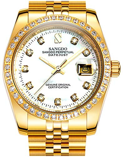 TEINTOP Sangdo automatiska armbandsur klocka för herr mekanisk kalender med stålband (vitt guld), Vitt guld, armband