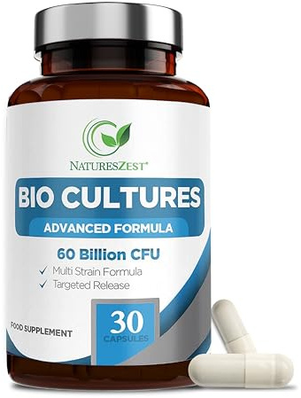 60 Billion CFU Bio Cultures Probiotics with Prebiotics 30 Capsules Multi Strain Advanced Formula for Men and Women by Natures Zest
