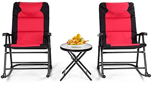 COSTWAY 3-teiliges Schaukelliege Liegestühle mit Beistelltisch, Gartenliege Liegestuhl Bistro-Set, Gartenliege für Balkon, Camping, Garten (Rot)