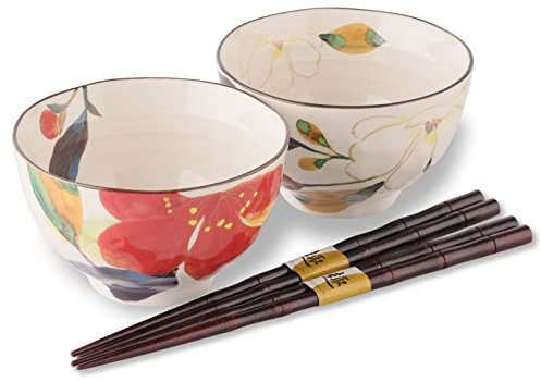 Mino Ware Japanische Reisschalen mit Essstäbchen, 2er Set, 200 ml, Moderne Küchenschüssel für Dessert, Müsli, Salat, Suppe, Udon, Nudeln - Made in Japan
