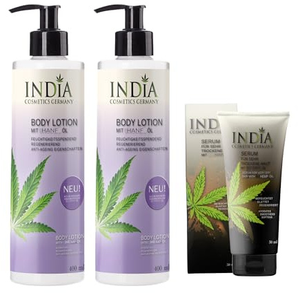 Bodylotion Doppelpack mit Hanfsamen Öl-Extrakt, hochwertige Bio Premiumqualität ohne Parabene mit 2 x 400ml XXL Größe plus 1x India Serumcreme gratis!