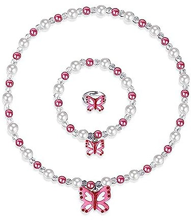 IOSPKKIO® Schmetterlings-Stretch-Halskette, kleines Mädchen Kleinkind Halskette Armband-Set, Inklusive rosa Beutel, kleine Prinzessin Schmuck Kinder Halsketten