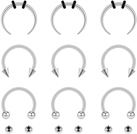 Yolev 9Pcs septum Rings Septum Jewelry 16g 18g Septum Ring Septum Piercing 20g Horseshoe Earring Hoop Stainless Steel Nose Ring Hoop Nose Piercing Jewelry for Women and Men (silver)