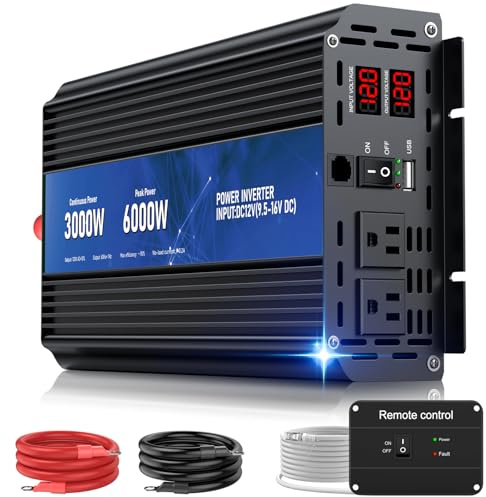 3000W Power Inverter 12V DC to 110V/120V AC Converter, 6000W Peak, LCD Display & Remote Control, Dual AC Outlets & USB Port for RV Truck Solar System, Emergency Backup, Outdoor Camping
