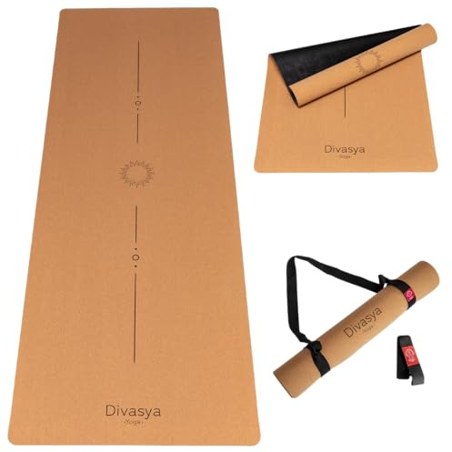 DIVASYA Premium Yogamatte Kork: aus Naturkautschuk & Kork | 100% natürlich & nachhaltig | 183 x 66 x 0,4cm | inkl. Tragegurt | Yoga Matte rutschfest | schadstofffrei | kein TPE | robust & langlebig