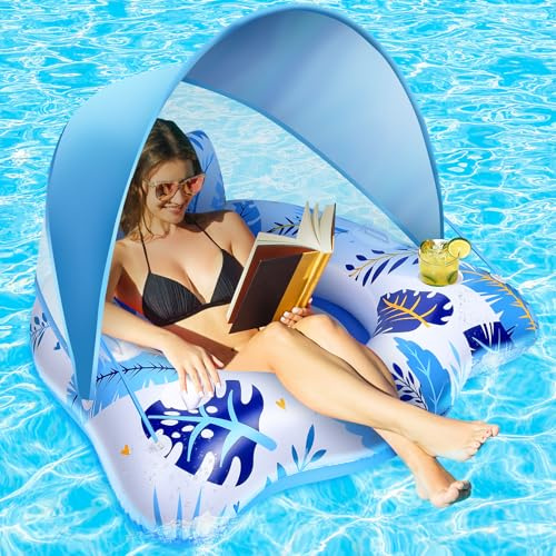 JONRRYIN Flotadores Piscina Adultos, Inflable Flotador con Sombrilla, Flotador Anillo Hinchable con Portavasos, Flotante Barco Inflación con Respaldo y Reposabrazos, Flotadores Piscina Adultos Grandes