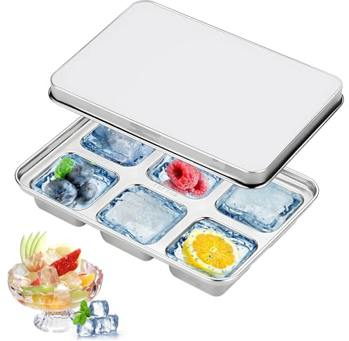 Stainless Steel Ice Cube Tray with Lid - Reusable Whiskey Ice Cube Tray, Bar Party Supplies - Easy Release Molds for Freezer, Chocolate, Wine, Beer, Vodka, Yogurt and Fruits (1PCS)