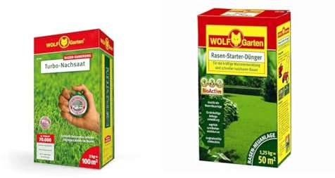 WOLF Garten - Turbo-Nachsaat LR 100; 3826040, Silber, 100 m² & WOLF-Garten - Rasen-Starter-Dünger LH 50; 3833020