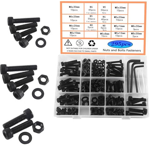 HVDHYY M5 M6 M8 Tornillos Juego de Surtido de Pernos Negros Arandelas de Acero Al Carbono Tuercas Tornillos de Cabeza Hueca Hexagonal con Caja Almacenamiento para 3 Llaves Inglesas 310pcs