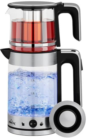 HOMELUX Glas Wasserkocher 1.8L + 1.2L Teekannen 1800W Wasserkocher mit Heizfunktion und Teetrichter, Kabellos Wasserkessel mit 360° Basis, BPA frei, Trockengehschutz, Auto-Off, Edelstahl