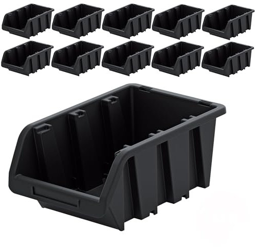PECZEKO Lot de 10 boîtes empilables d'atelier en plastique PP - Boîtes de rangement pour mur à outils - Noir - 29 x 20 cm