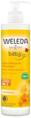 WELEDA Bio Calendula Baby XL Waschlotion & Shampoo vegan - Naturkosmetik Duschgel zur Hautpflege / Haarpflege bei Neugeborenen. Babypflege Dusche für empfindliche Haut, mild zu den Augen (1x 400ml)