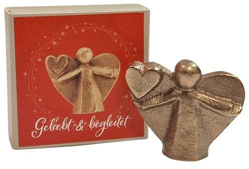 Süßer Kleiner 3,5 cm großer Engel aus echter Bronze goldfarben mit Herz Schutzengel Geschenk für Mann und Frau zum Geburtstag, Liebe, Danke Sagen