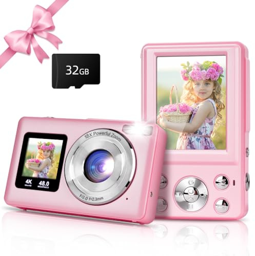 Ainiv Digitalkamera, 4K Kompaktkamera med 32G TF-kort, HD 48MP, Dubbla Kameror Fram och Bak, 2,4 + 1,3 Dubbelskärm, 18X Digital Zoom, Bärbar Kamera för Barn, Tonåringar, Studenter (Rosa)