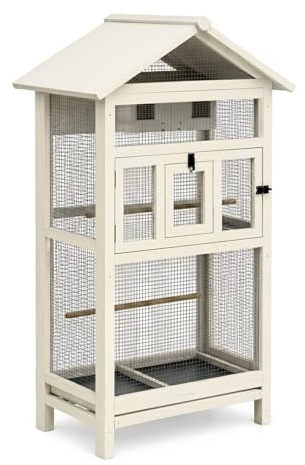 Large Wooden Outdoor Aviary Bird Cage, White Garden Bird House for Budgies Cockatiels Canaries Finches and Lovebirds, Spacious Flight Cage with Perches and Feeding Bowl for Patio Backyard