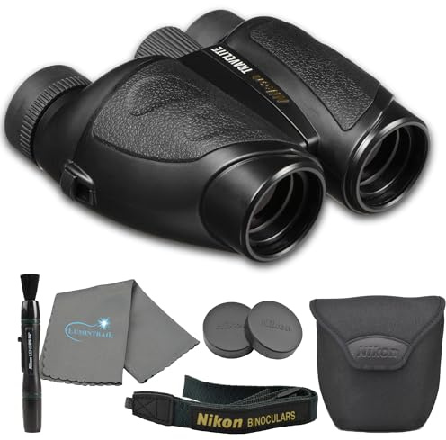 Nikon Travelite 12x25 Binoculars (7279) Travel Bundle - Black With Lens Pen, Carry Case, and Lens Cloth - High Powered Compact for Adults - Bird Watching, Hunting, Hiking