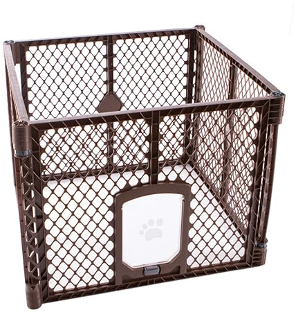 MyPet North States Petyard Passage: 4-Panel Folding Dog Playpen Indoor or Outdoor. 7 sq. ft. Puppy Playpen, Lockable Pet Door. Freestanding Play Pen Dog Gate. Made in USA. 26 Tall, Brown