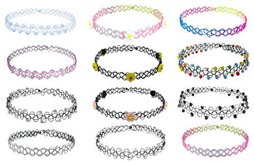 4U Choker Kette Set m. Dekor,12er Halsband Halsketten Kropfband Modeschmuck Fashion Bijouterie für Mädchen Mädel Kinder Frauen aus elastisch Gummi/Kunststoff, bunt u. schick