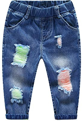 KIDSCOOL SPACE Vaquero Rasgado para bebé, Pantalones Vaqueros Desgastados con Cintura elástica para niños pequeños, Azul Claro, 4-5 años