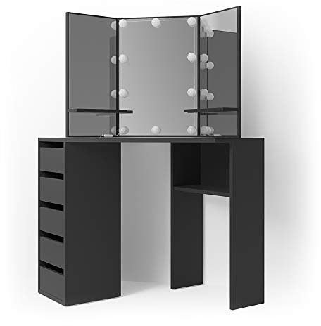 Vicco Frisiertisch für die Ecke Arielle, Schwarz, 110 cm mit LED Beleuchtung