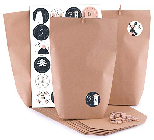Calendario de Adviento para rellenar Sweety 24 bolsas de papel de estraza marrón, bolsas de regalo, Navidad, calendario de Navidad, juego de manualidades, incluye pegatinas de números y pinzas de Pajoma