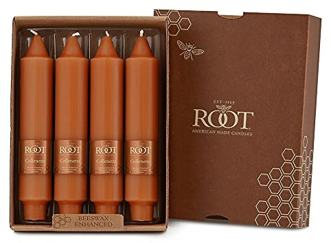 Root Candles 4-Count Unscented Dinner Candles Dripless Beeswax Enhanced Smooth Collenette Boxed Candle Set, 7-Inch, Rust