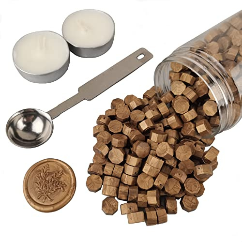 Perlas de cera selladora, AMTOL 300 perlas de cera Bronce con 2 velas blancas y 1 cuchara para derretir, ideal para invitaciones de boda, sobres de tarjetas, envoltura de regalo.