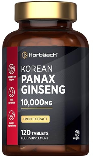 Panax Ginseng High Strength 10,000mg | 120 Tablets | Korean Panax Ginseng from Extract | Suitable for Vegetarians and Vegans | by Horbaach