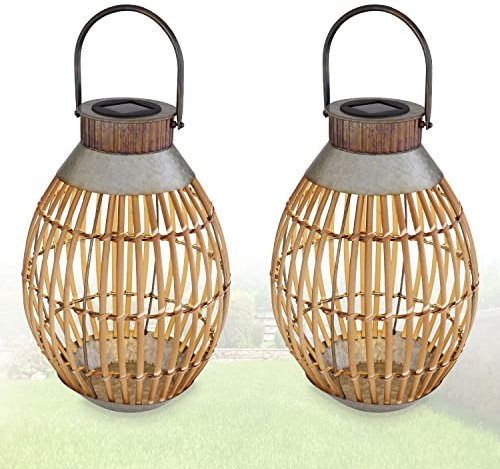 Solarlampen für Außen Garten Laternen Bambus Set - Solarleuchten Balkon 2 Stück - Solarlampe Höhe 37 cm - Außenleuchte LED Gartenlaterne - Solarleuchte Gartenlampe Solar Wetterfest