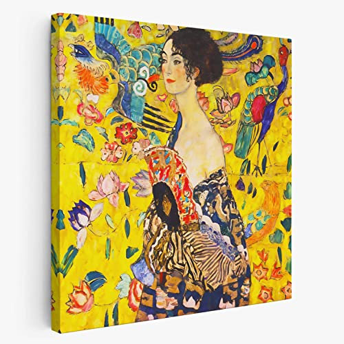 BKstuff Quadro stampa su tela canvas Quadro opere di Gustav Klimt Donne da appendere Arredamento (50x50cm, Dama con ventaglio, Gustav Klimt)