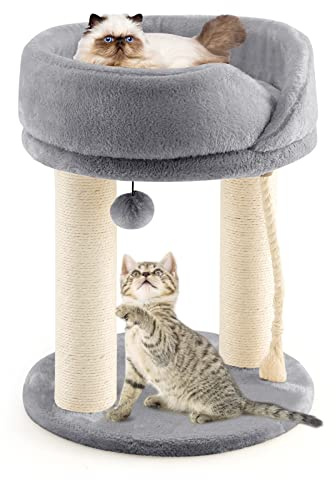 COSTWAY Albero per Gatti con Cuccia in Peluche, Pallina, Corde e Tiragraffi in Sisal, Tiragraffi da Divano in Legno per Gatti Piccoli, 43 x 43 x 53 cm (Grigio)
