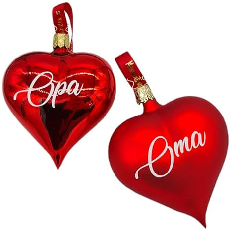 2er Set Weihnachtskugeln Herz in rot mit weißem Schriftzug Oma und Opa | Mundgeblasenem Glas | Sternenkrone Schmuck | 10cm Geschenk fertig (Oma & Opa, Rot Matt & glänzend, 2)