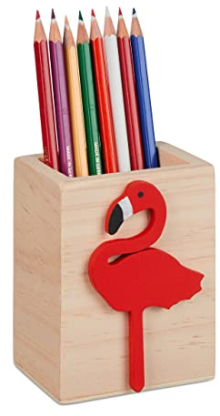 Relaxdays Stiftehalter Flamingo, Holz, HxBxT: 10 x 8 x 6 cm, Kinder Stiftebox für Schreibtisch, Pinselhalter, Natur/rot