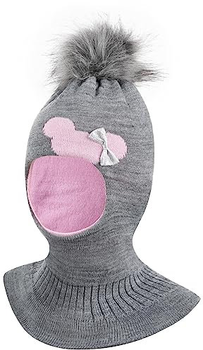 Smarilla Wintermütze Schalmütze Strickmütze Schlupfmütze warme Mädchenmütze Bommelmütze, Farbe: Grau-Rosa, Größe: 50-52