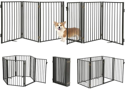 Metal Freestanding Dog Gates with Door for Outdoor Indoor,120'' Extra Wide 24'' Tall Free Standing Dog Gate for Doorways,Large Openings,Deck,Yard,Porch,Foldable Safety Pet Fence(Black,6 Panels)