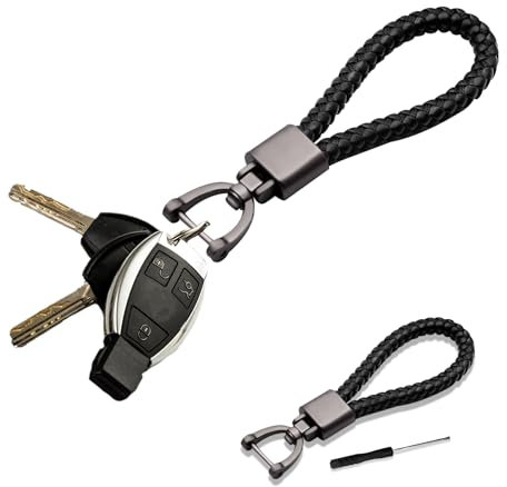 deemars Autoschlüsselanhänger aus echtem Leder, Autoschlüsselhalter mit 360 Grad drehbarem D-Ring und Schraubendreher, Woven Strap Braided Rope Schlüsselanhänger Universal für Männer (Schwarz)