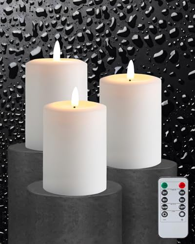 Gmnee 3x4 Flickering Flameless Candles with Remote Timer, Real Wax, White Pillar Candles, Set of 3 Fake LED Battery Operated Candles for Home, Fireplace, Centerpiece, Rustic and Farmhouse Decor