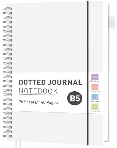 RETTACY B5 Spiral Notebook, Dotted Journal, 140 Pages, Transparent | Flexible Plastic Cover Notepad, 100 GSM Thick Bullet Paper, for Women Men Work Office School - 19 × 25 cm