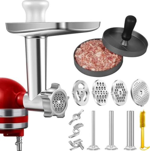 Hachoir à viande pour mixeur sur socle Kitchenaid, avec 3 cornes de remplissage de saucisses, 3 lames d'affûtage, 4 disques de broyage et presse à burger (acier inoxydable)