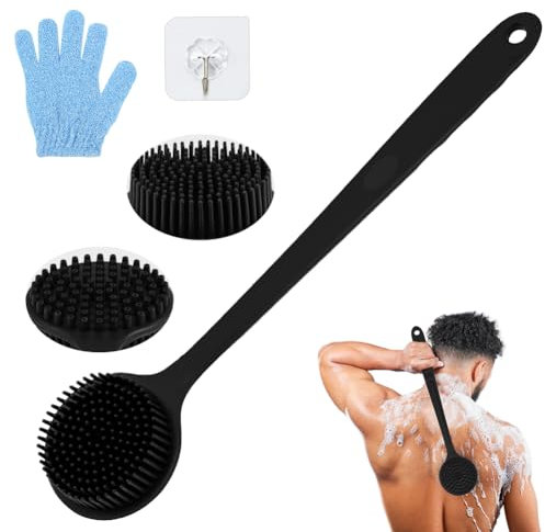 LOPHE Spazzola per il Corpo, 3 Pezzi Spazzola Scrub Corpo in Silicone a Doppia Faccia, Spazzola Schiena a Lunga con Guanto Esfoliante, Esfoliazione per Lavare la Schiena Unisex(Nero)