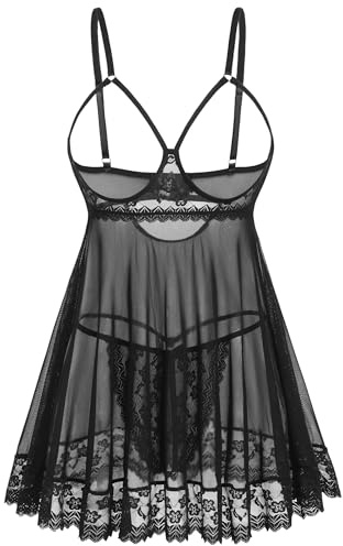 Avidlove Sexy Lace Babydoll Dress Lingerie for Women Sheer Mesh Chemise Sleepwear Exotic Boudoir Outfits Black Large