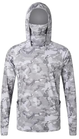 Générique T Shirt Anti UV Homme Capuche UPF50+ Chemise de pêche à Manches Longues Sweat à Capuche Protection Solaire Tee Shirt Anti-UV Respirant à Séchage Rapide (Masque Intégré)