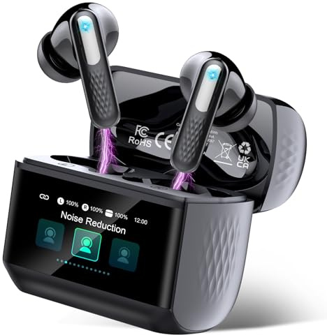 ZYHKON Auriculares Inalámbricos con Pantalla Táctil LED, 2025 Auriculares Bluetooth 5.4 HiFi Estéreo con HD Mic, 48H Cascos Inalambrico con Reducción de Ruido ANC+ENC, 5 Modos EQ, Negro Profundo