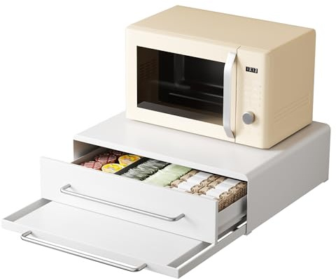 DTK Microwave Stand with Pull-Out Drawer & Tray, Kitchen Storage Drawers Countertop for Compact Microwave, Coffee Station & Kitchen Appliance, Microwave Riser with Storage, White(Stand+Drawer+Tray)