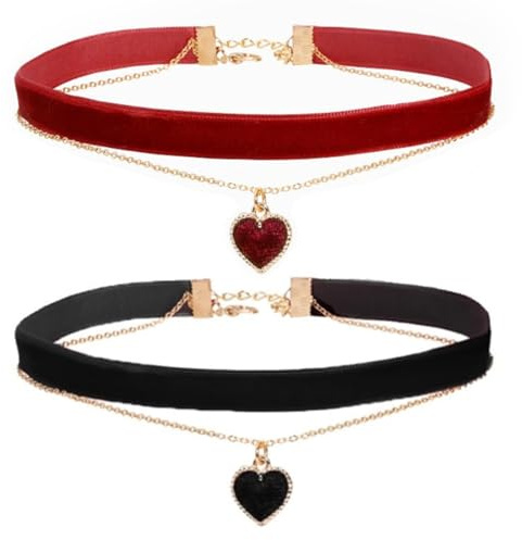 Montrestar 2 Stück Choker Kette Damen Schwarz Rot, Herz Halsband Velvet Verstellbare, Samt Chocker Kette Halskette Schmuck für Damen Mädchen Party Cosplay Halloween Deko und Geschenke