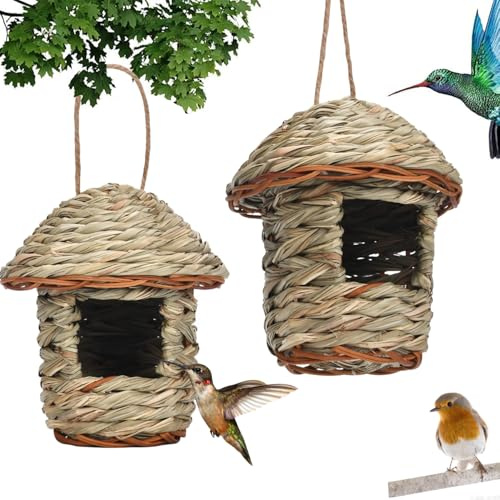 2 Piezas Nido Pajaro, Casita Pajaros Exterior, Nido Pajaros Tejidas a Mano, Nidos de Pajaro Exterior, Casa de PáJaros de Paja para Colibríes, Gorriones y Otras Aves Pequeñas