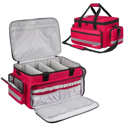 Jaffzora Large Medical Bag for Nurses & Doctors – Empty First Aid Bag with Removable Dividers, Waterproof Medical Supplies Organizer with Shoulder Strap for Home Health Care, Travel & Emergency, Red