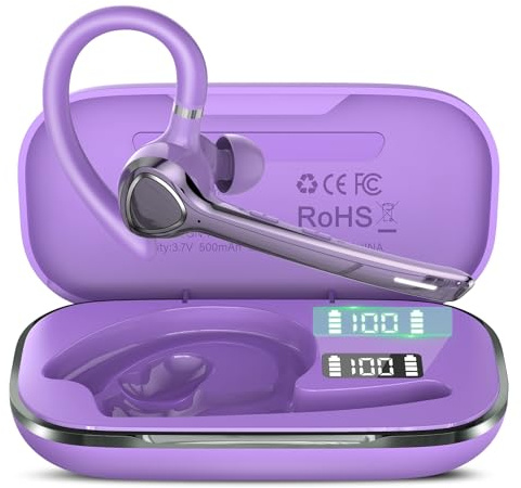Oreillette Bluetooth sans Fil, Ecounteurs V5.4 antibruit CVC8.0/ENC Double Mic, 90H de Conversation Mains Libres Casques Bluetooth Deux Appareils Connectés, Mic Mute pour Affaires/Conduite, Violet